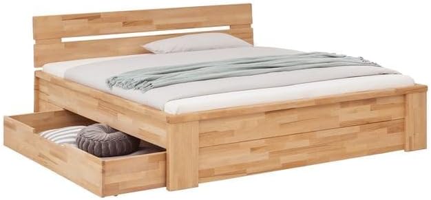 Cama de matrimonio de madera maciza Tamira 140x200 cm, haya natural aceitada con cajones de almacenamiento, altura confortable, encolado tipo parqué, capacidad de carga: 160 kg.