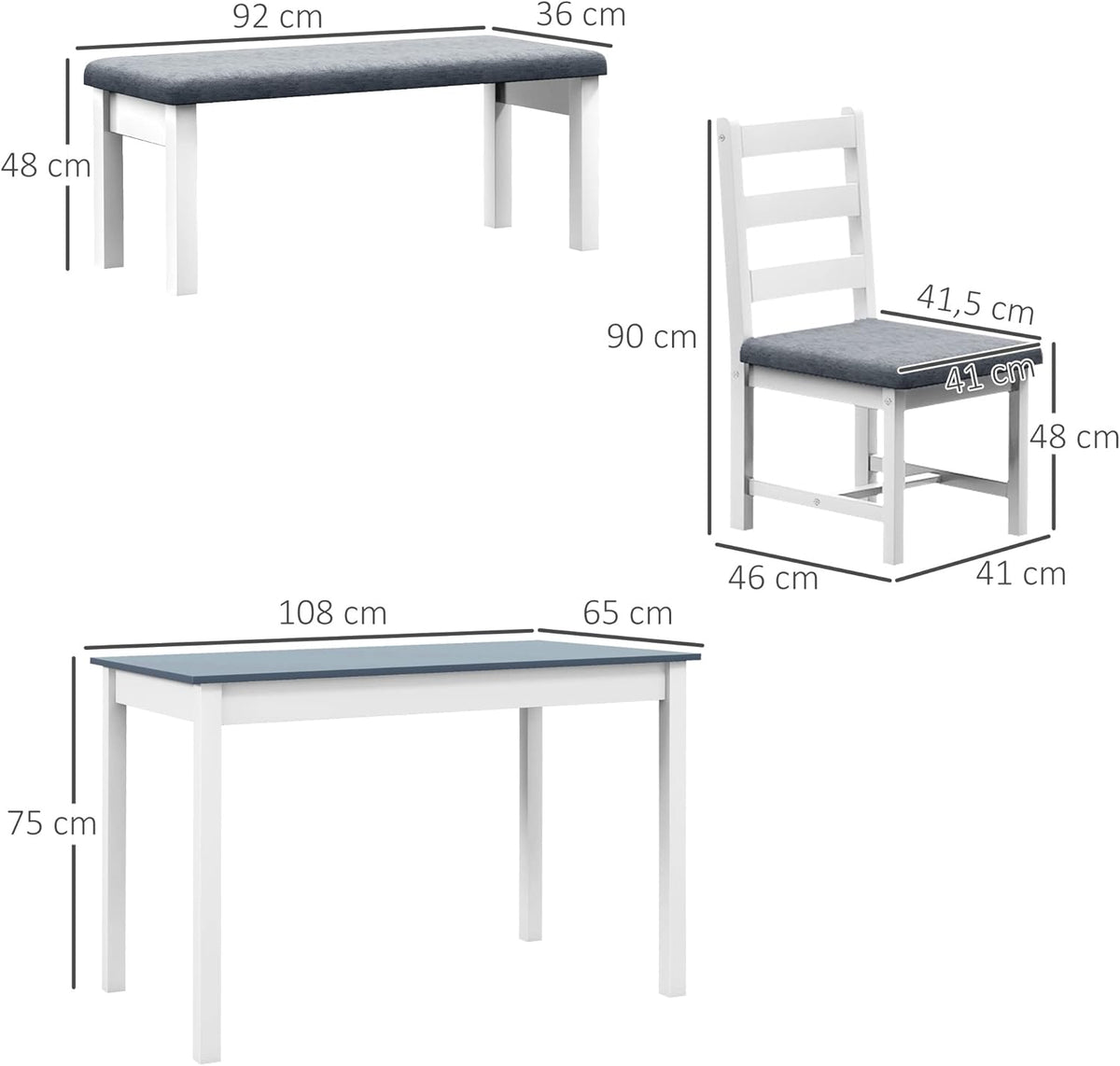HOMCOM Juego de comedor con mesa, 2 sillas y 1 banco, conjunto de comedor de madera maciza que ahorra espacio, con cojines, set de mesa de cocina para comedor y cocina, gris y blanco