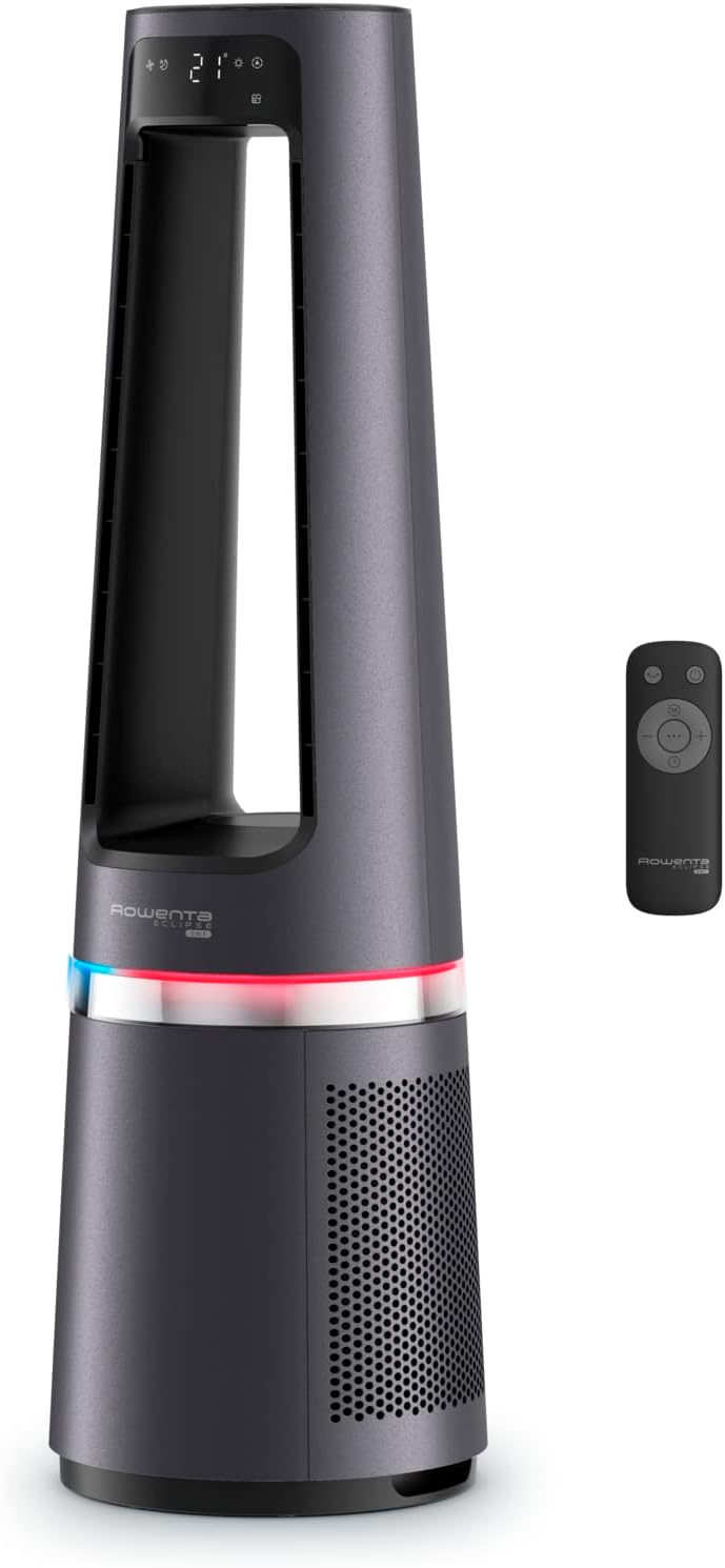 Purificador de aire, termoventilador y ventilador 3 en 1 Rowenta QU5062 Eclipse, filtra el 99,9 % de las partículas, para habitaciones de hasta 30 m², calentamiento rápido hasta 35 °C, modo automático de día y noche, negro/gris