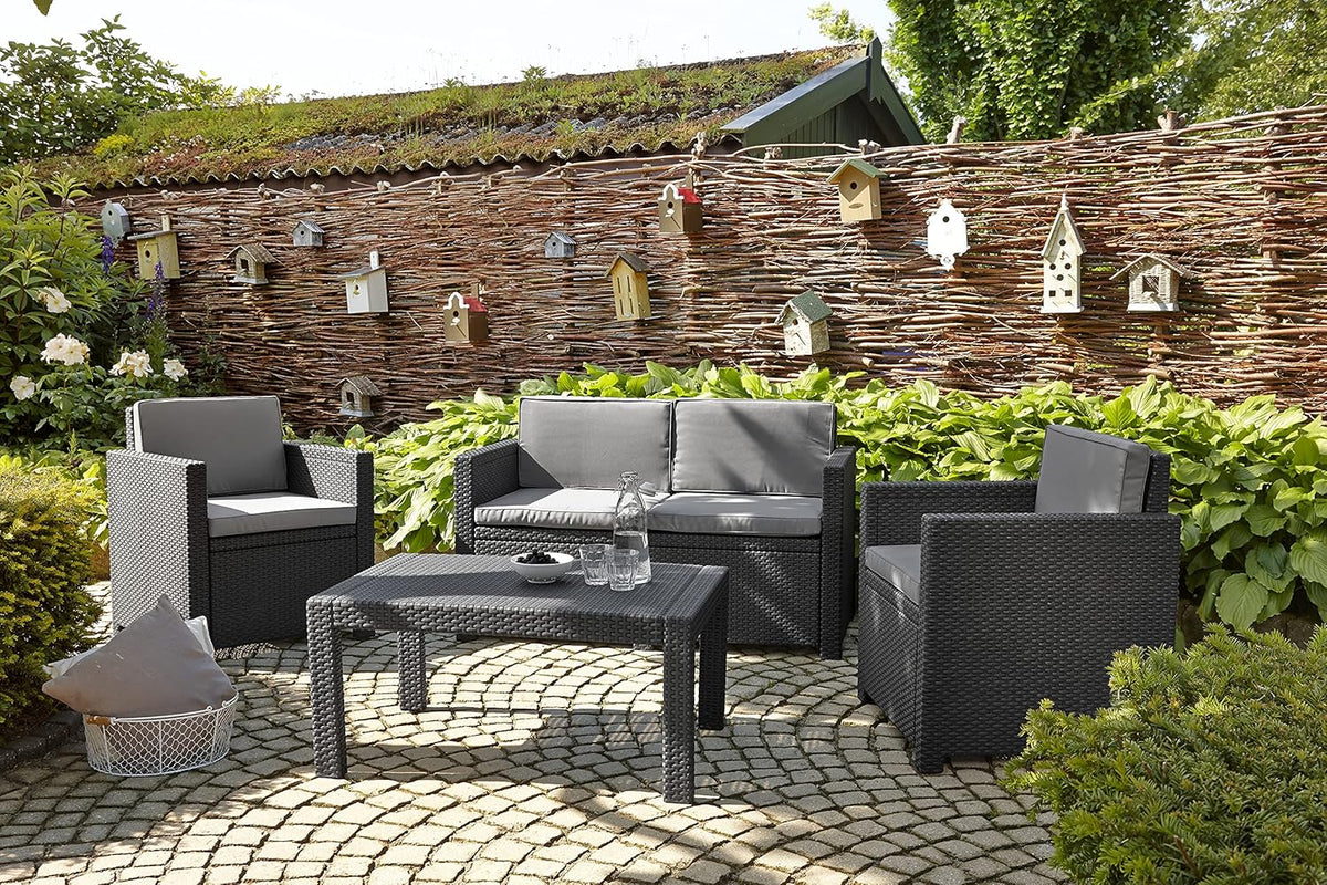 Sofá de jardín Victoria de Allibert by Keter - Sofá lounge de 2 plazas con aspecto de ratán, incl. cojines de asiento y respaldo, fácil de limpiar, resistente a la intemperie, gris, 129 x 63 x 77 cm