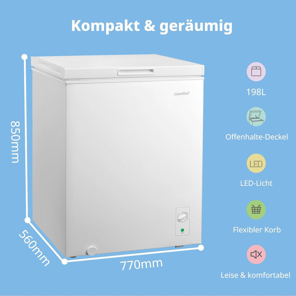 Congelador horizontal Comfee 198L, silencioso 37 dB, congelación de 4 estrellas, conversión de refrigeración/congelación (1–10°C / -24––12°C), congelación rápida de 24h 9kg, compresor inverter de ahorro energético, interior de aluminio