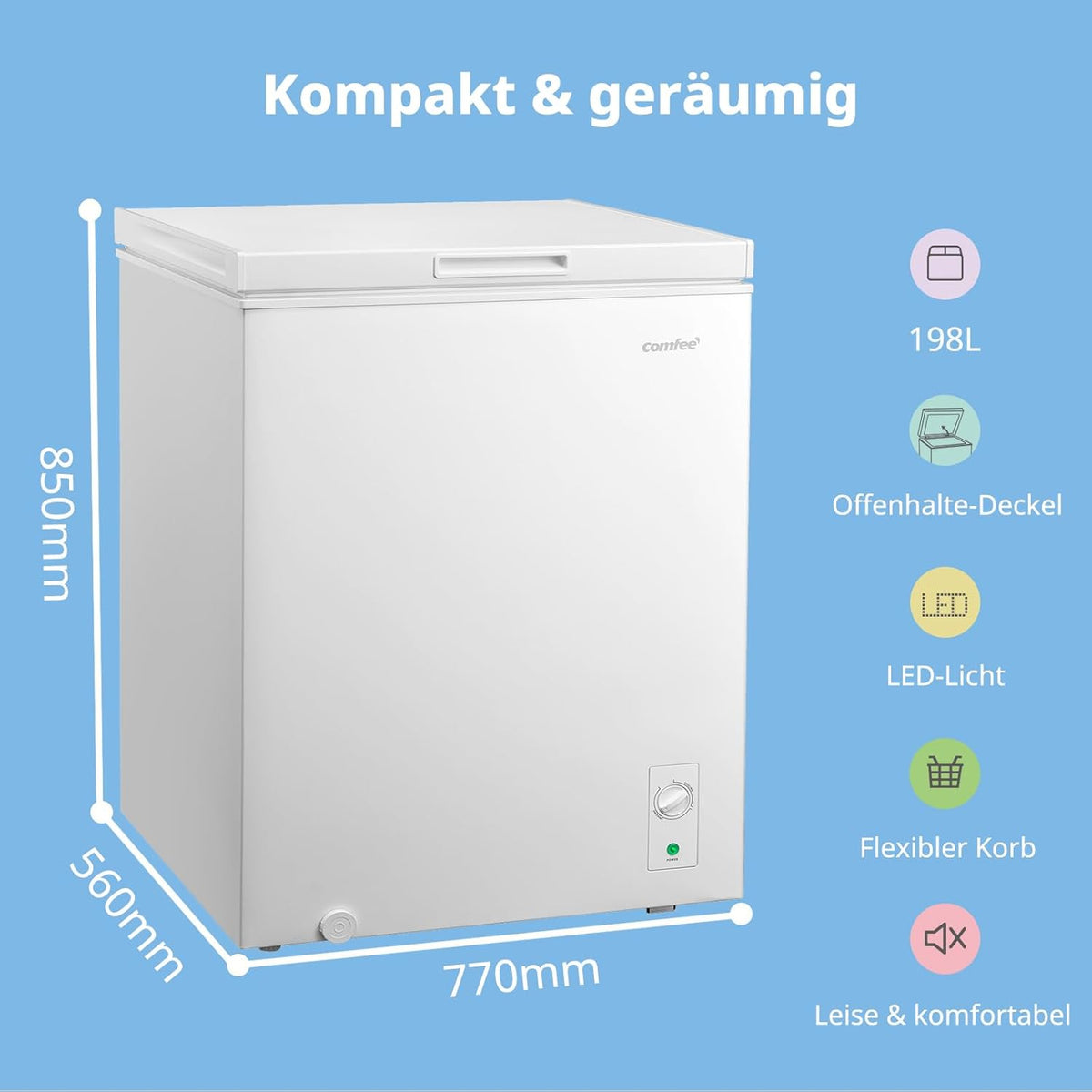 Congelador horizontal Comfee 198L, silencioso 37 dB, congelación de 4 estrellas, conversión de refrigeración/congelación (1–10°C / -24––12°C), congelación rápida de 24h 9kg, compresor inverter de ahorro energético, interior de aluminio