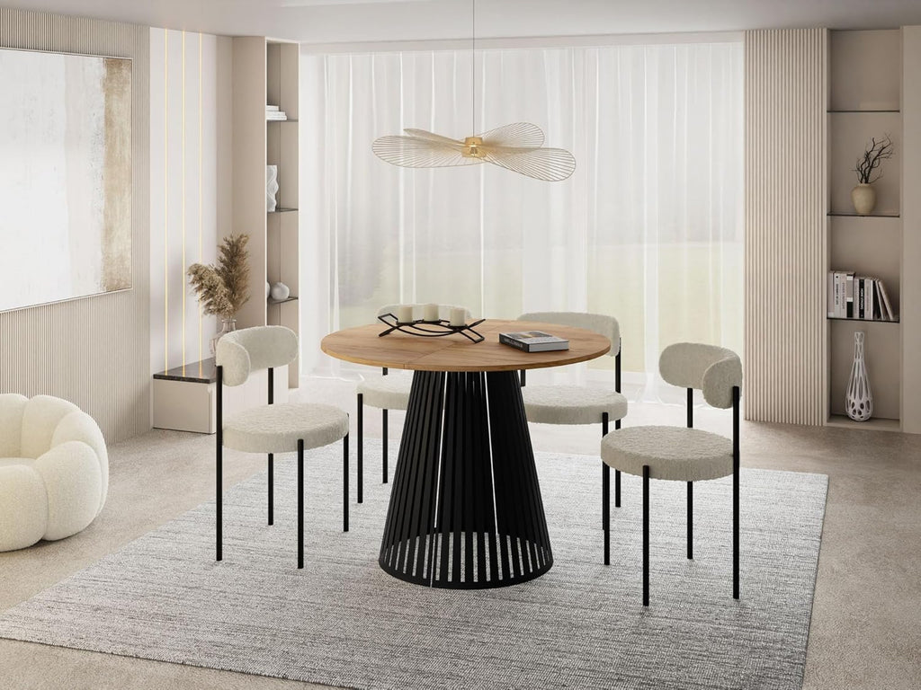 Mesa de comedor redonda extensible WFL GROUP con diseño de listones estilo loft – 100 a 180 cm – Mesa industrial con patas de metal negro, ahorradora de espacio para salón o comedor – Marrón
