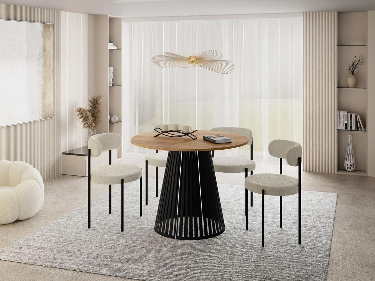 Mesa de comedor redonda extensible WFL GROUP con diseño de listones estilo loft – 100 a 180 cm – Mesa industrial con patas de metal negro, ahorradora de espacio para salón o comedor – Marrón