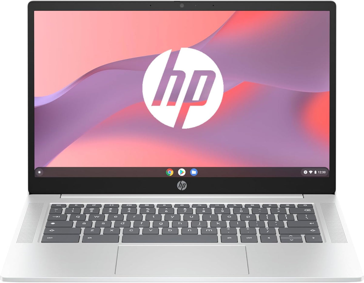 HP Chromebook 14a-nf0001sf Portátil 14" HD, PC Portátil (Intel Celeron N100, RAM 4 GB, Flash 128 GB, Intel Iris XE, Chrome OS), Ordenador Plateado, Teclado AZERTY