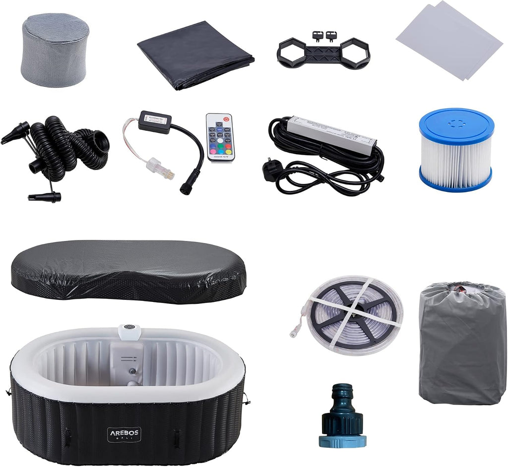 Jacuzzi Arebos con iluminación LED | Inflable | Interior y exterior | 190x120 cm ovalado | 2 personas | 90 boquillas de masaje | con calefacción | 550 litros | Incl. cubierta | Bubble Spa y masaje de bienestar