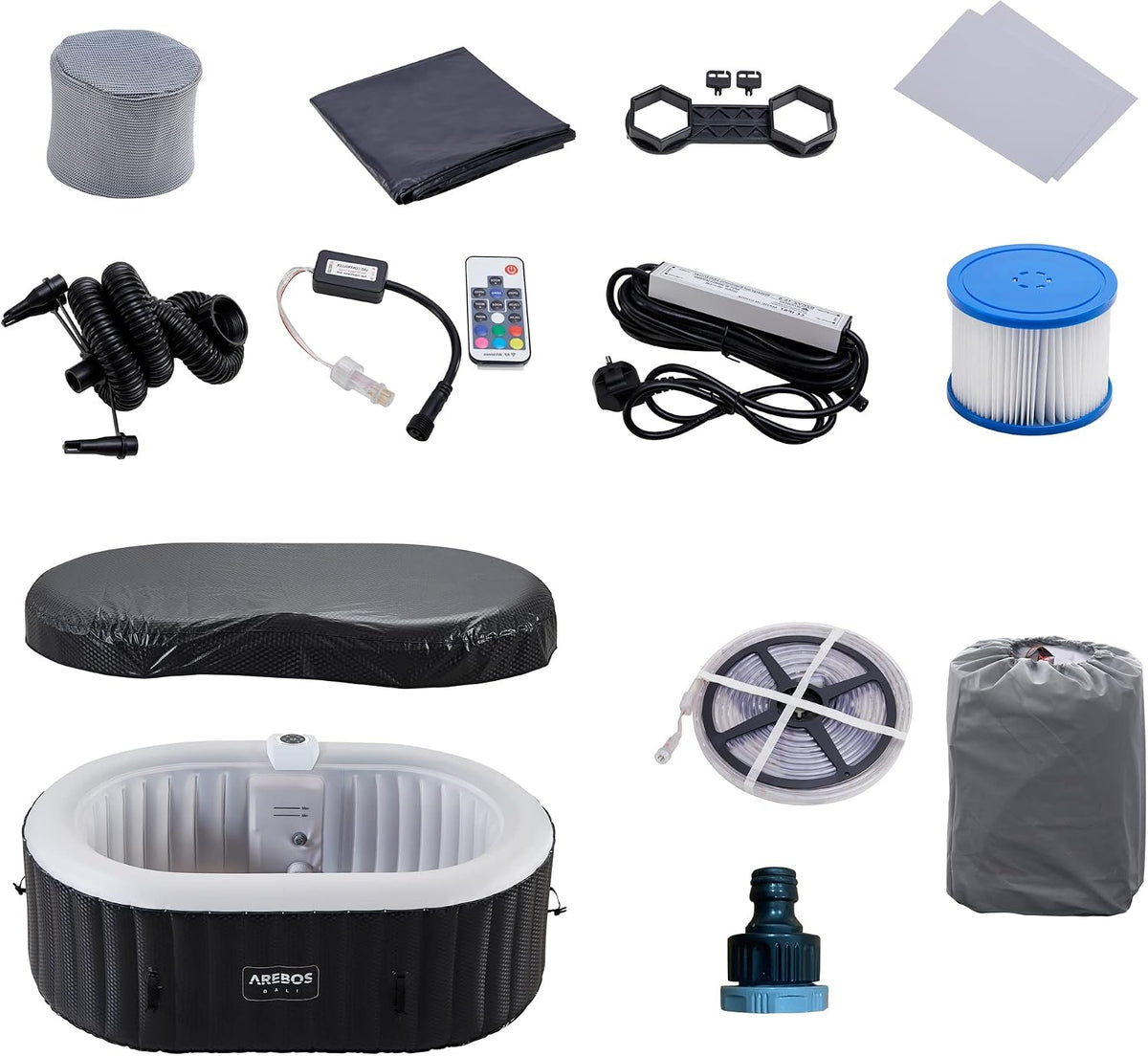 Jacuzzi Arebos con iluminación LED | Inflable | Interior y exterior | 190x120 cm ovalado | 2 personas | 90 boquillas de masaje | con calefacción | 550 litros | Incl. cubierta | Bubble Spa y masaje de bienestar