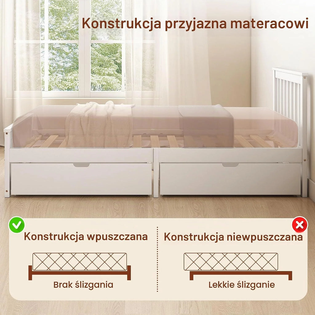 HOMCOM Łóżko 90x200 cm, rama z listwami, szuflada, biały
