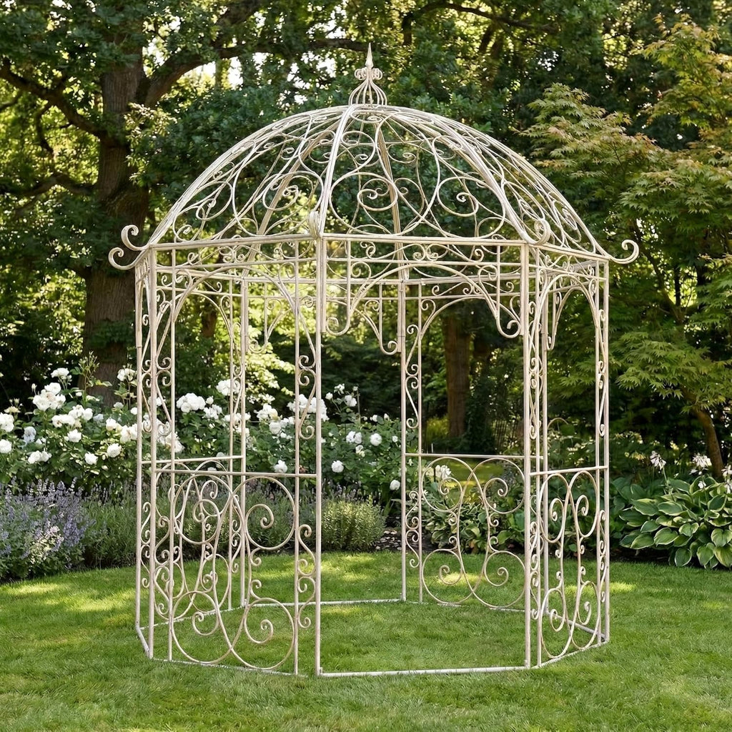 Pabellón de jardín CLP Leila de hierro, pabellón de jardín estilo modernista nostálgico, soporte para plantas trepadoras y rosas con recubrimiento en polvo, color: crema antiguo