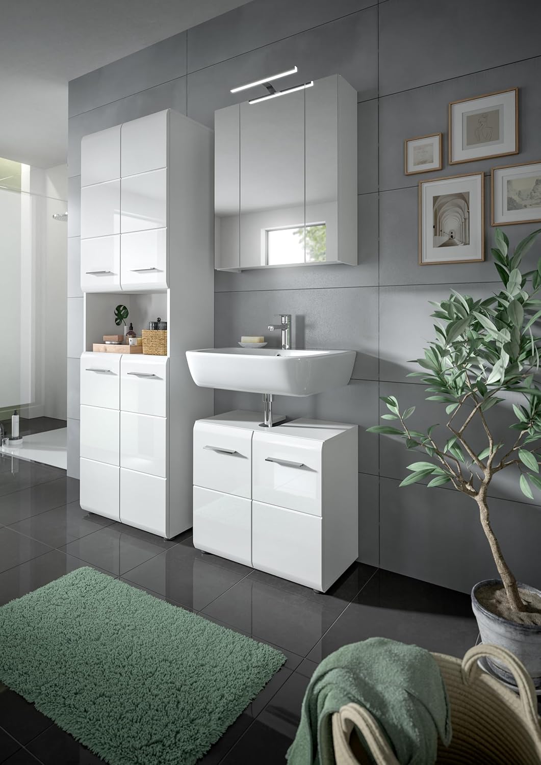 xonox.home - Armario alto Ice 60x185x30 cm, frente blanco alto brillo termoformado, cuerpo blanco - armario alto de baño ancho - elegante y funcional