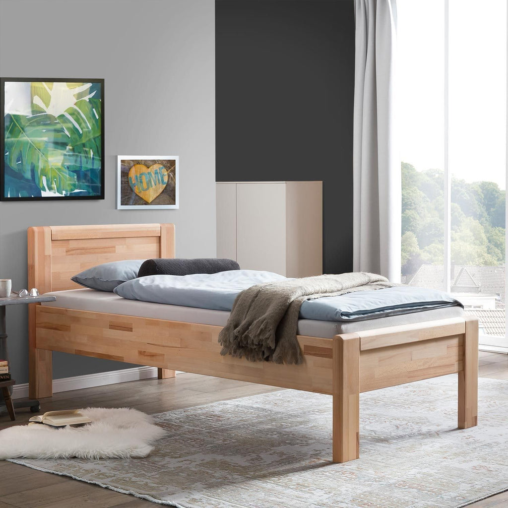 Cama para personas mayores Ewen de madera maciza 90x200 cm, altura de confort en haya núcleo aceitada, natural, con listones de apoyo, 48 cm de altura de entrada, capacidad de carga: 160 kg, estructura de cama