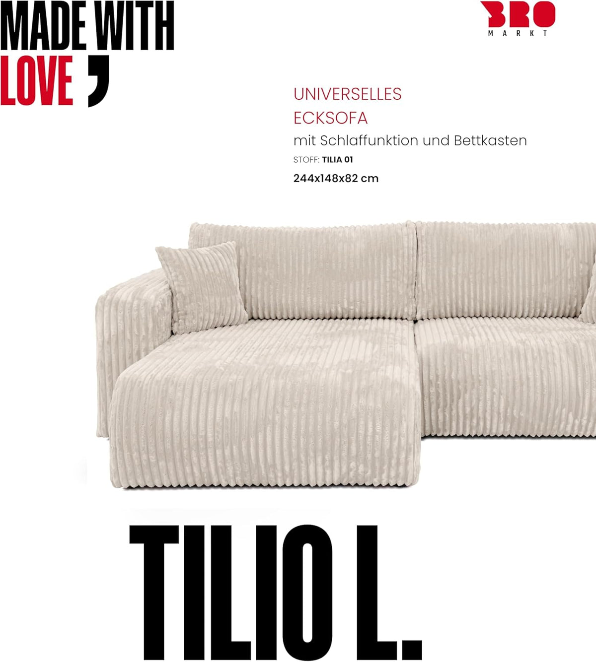 BROMARKT Sofá esquinero con función cama color crema, sofá en forma de L de tela de pana con arcón, sofá cama para salón con espacio de almacenamiento, sofá esquinero de 3 plazas, conjunto de salón 244x148x82 cm TILIO
