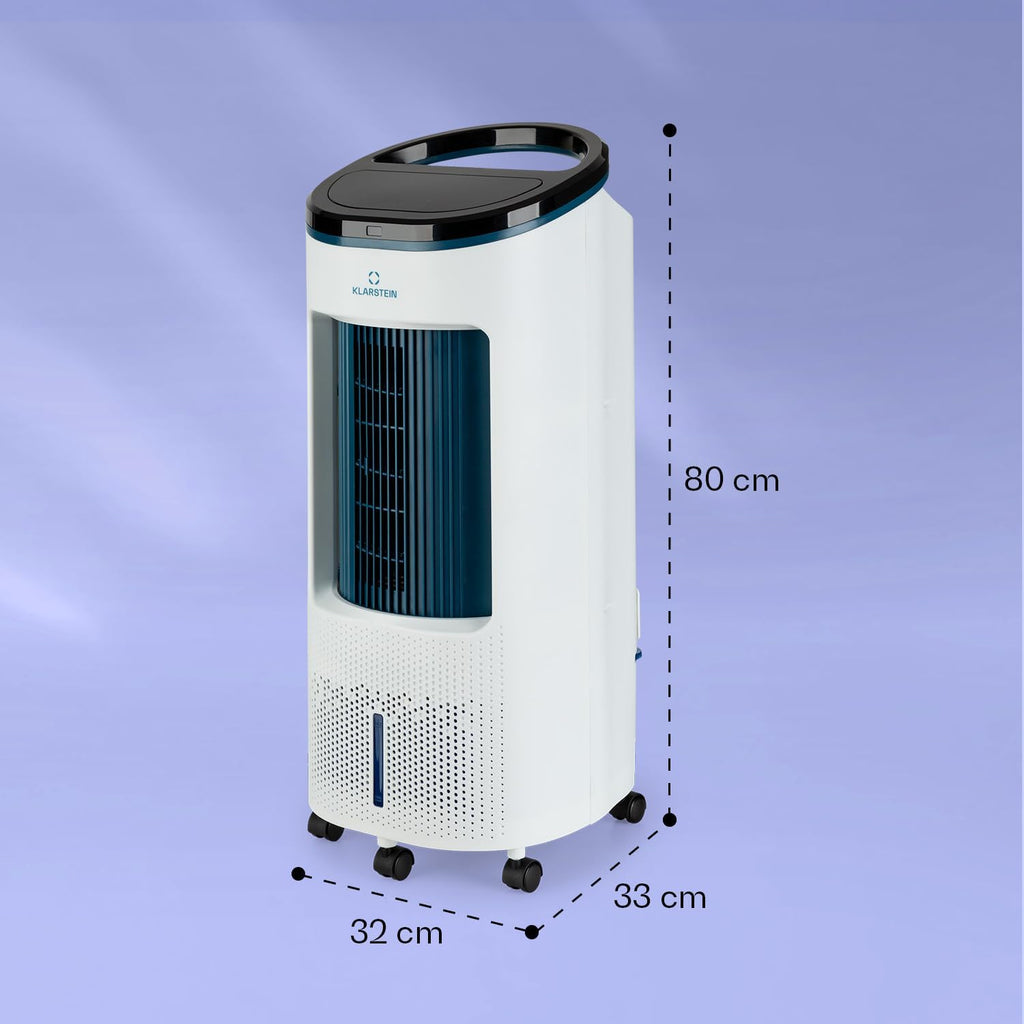 Enfriador de aire Klarstein con refrigeración por agua, enfriador evaporativo 4 en 1 silencioso, humidificador, ventilador y modo nocturno, aire acondicionado portátil de 7 L, enfriador de aire de 65 W, flujo de aire refrigerante de 330 m³/h