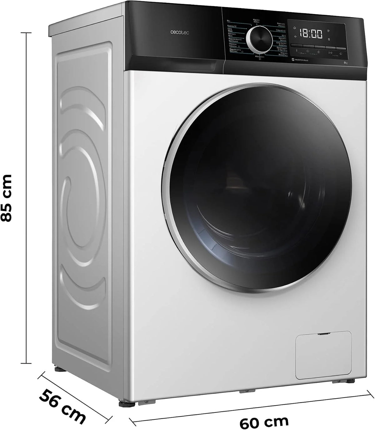 Cecotec Pralka 9 Kg Ładowanie przednie Bolero Dresscode 9500 Inverter A. 1900 W, 1400 obr/min, Silnik Inverter Plus, Niskie zużycie, 16 programów, SteamMax, Delay Start, Biały