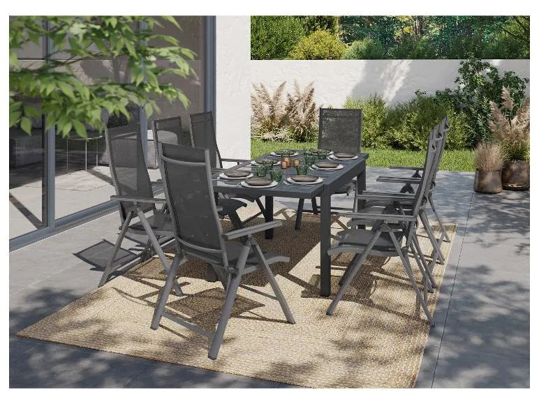 Conjunto de aluminio "Houston", 9 piezas: mesa extensible y 8 sillas de respaldo alto, gris