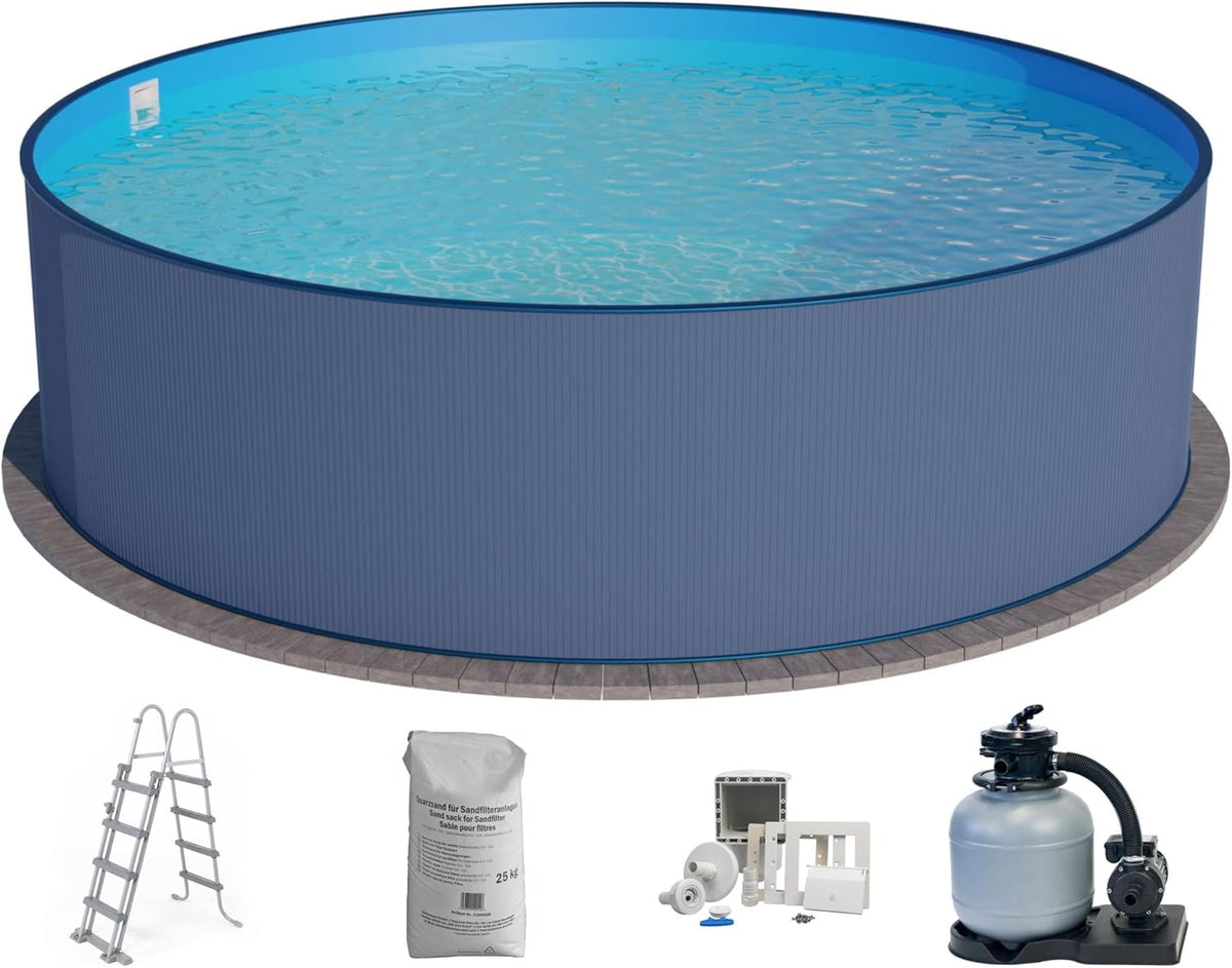 Set de piscina de pared de acero Planet Pool (5 piezas) redondo 350x120 cm, acero 0,4 mm antracita, lámina 0,4 mm azul, solapa de sujeción