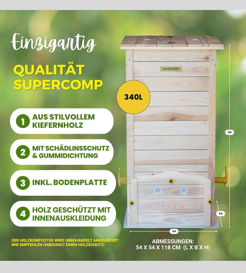 Compostador de madera a prueba de ratas con tapa, protección contra plagas, rejilla de ventilación y base, técnica deslizante para compostaje sin malos olores, sin necesidad de volteo, 340 L