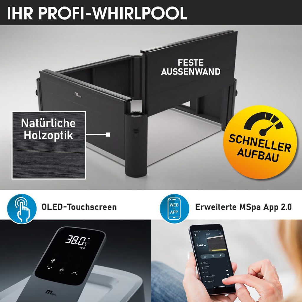 Jacuzzi MSpa Oslo de BRAST con pared exterior rígida | Iluminación LED con 20 colores ajustables para 6 personas | 160x160x65 cm | 120 chorros de masaje | Uso durante todo el año, resistente al invierno | Piscina para interiores y exteriores