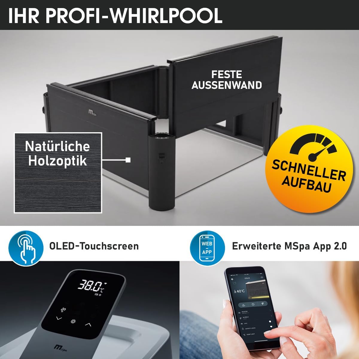 Jacuzzi BRAST MSpa Oslo con pared exterior rígida | Iluminación LED con 20 colores ajustables para 6 personas | 160x160x65cm | 120 boquillas de masaje | Uso durante todo el año, resistente al invierno | Piscina interior y exterior