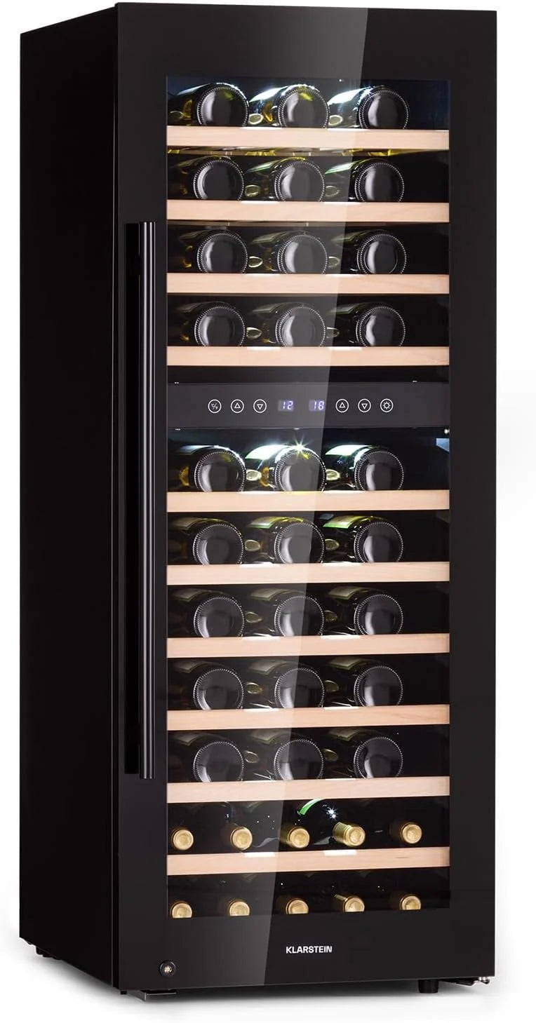 Klarstein Chłodziarka do wina wolnostojąca, Mała wąska lodówka na napoje, 2 strefy, chłodziarka ze szklanymi drzwiami, Beersafe Indoor/Outdoor, Mała lodówka z oświetleniem LED, 5-18°C, 73 butelki