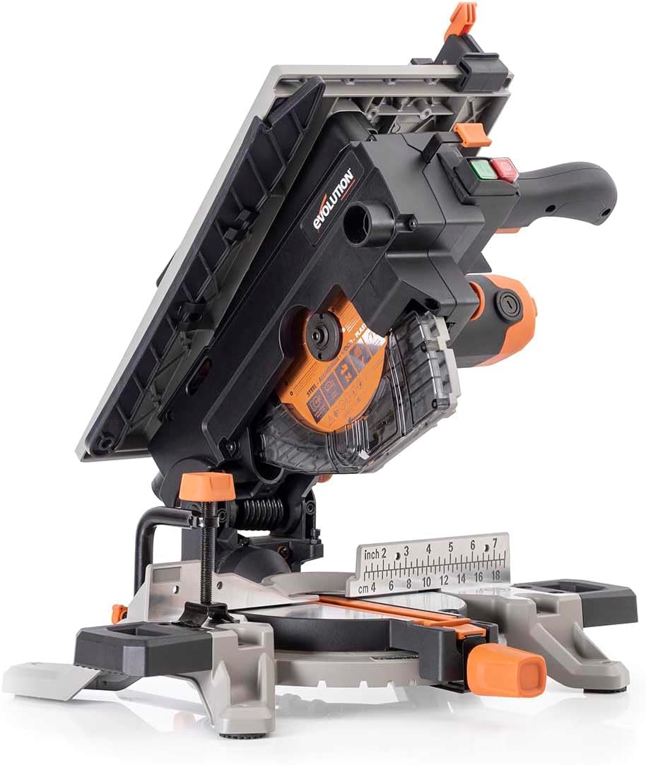 Evolution Power Tools R210MTS-G2 Zmienna piła ukośna/stołowa, kompaktowa, wielofunkcyjne cięcie różnych materiałów, ostrze TCT w zestawie do cięcia drewna, plastiku i metalu, 210mm