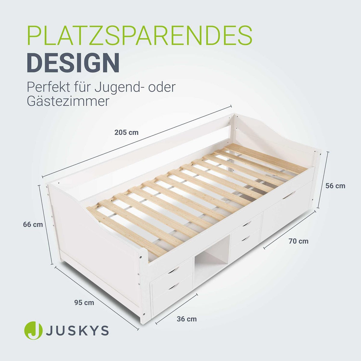 Cama funcional Juskys Nalu 90x200 cm - Cama de madera con somier y cajones - Cama con almacenamiento para niños - Cama juvenil, cama infantil, cama de invitados - Blanco