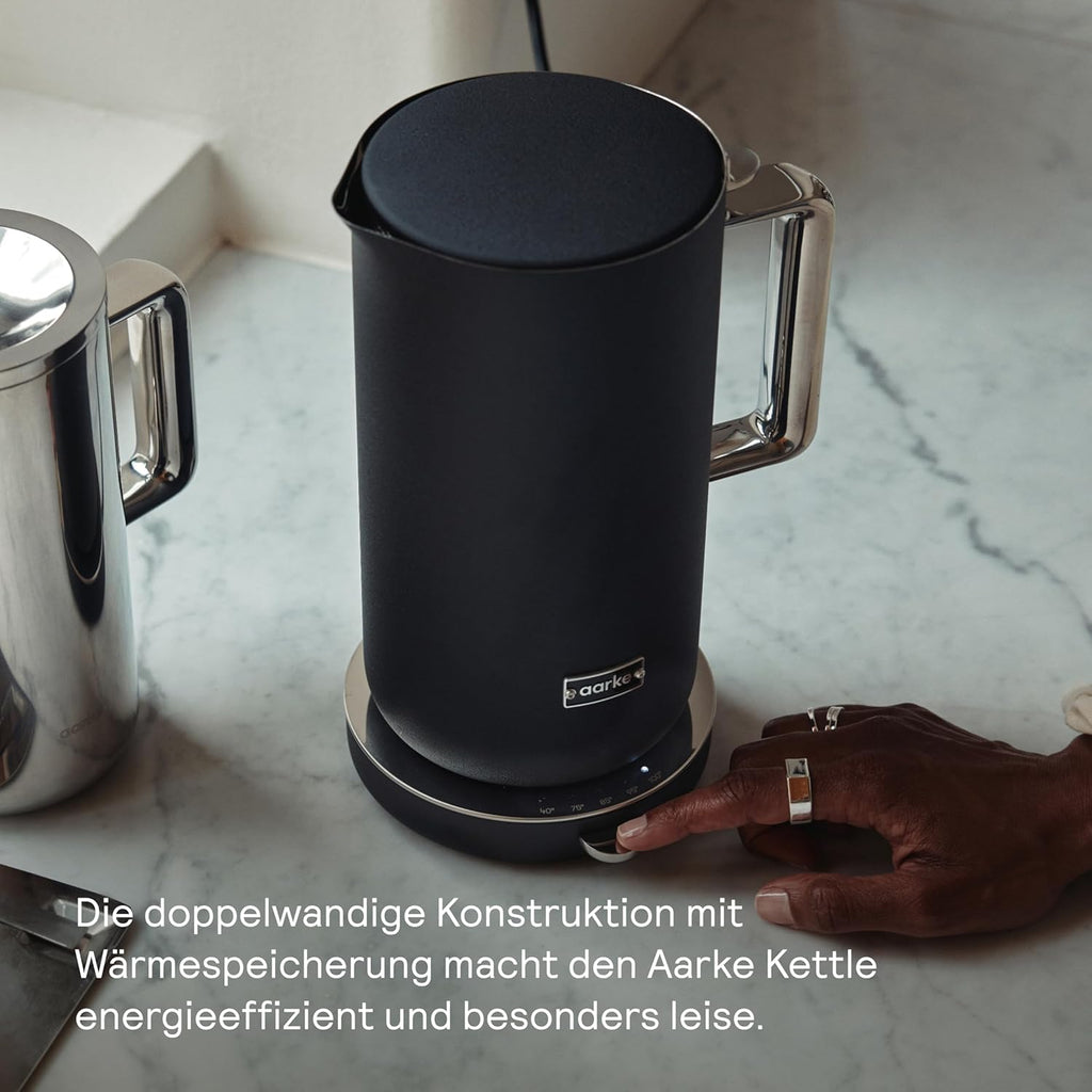 Hervidor de agua de acero inoxidable Aarke negro mate – Hervidor eléctrico de 1,2 L, múltiples ajustes de temperatura, base giratoria de 360°, ebullición silenciosa, boquilla antigoteo