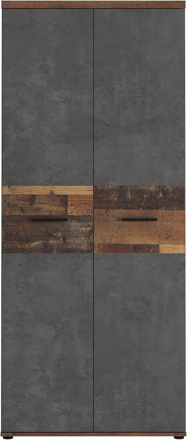 Armario ropero Forte Winnie 80, armario rústico de puertas batientes, 2 puertas, baldas, espacioso, decoración en madera Old Wood Vintage/aspecto hormigón gris oscuro, 79,9 cm de ancho x 189 cm de alto x 53,7 cm de fondo