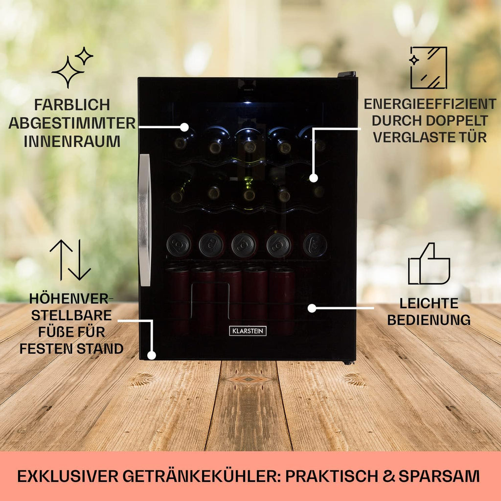 Mininevera Klarstein con puerta de cristal para habitaciones, refrigerador de bebidas con estantes ajustables, pequeño de 80 litros, frigorífico silencioso para interiores/exteriores
