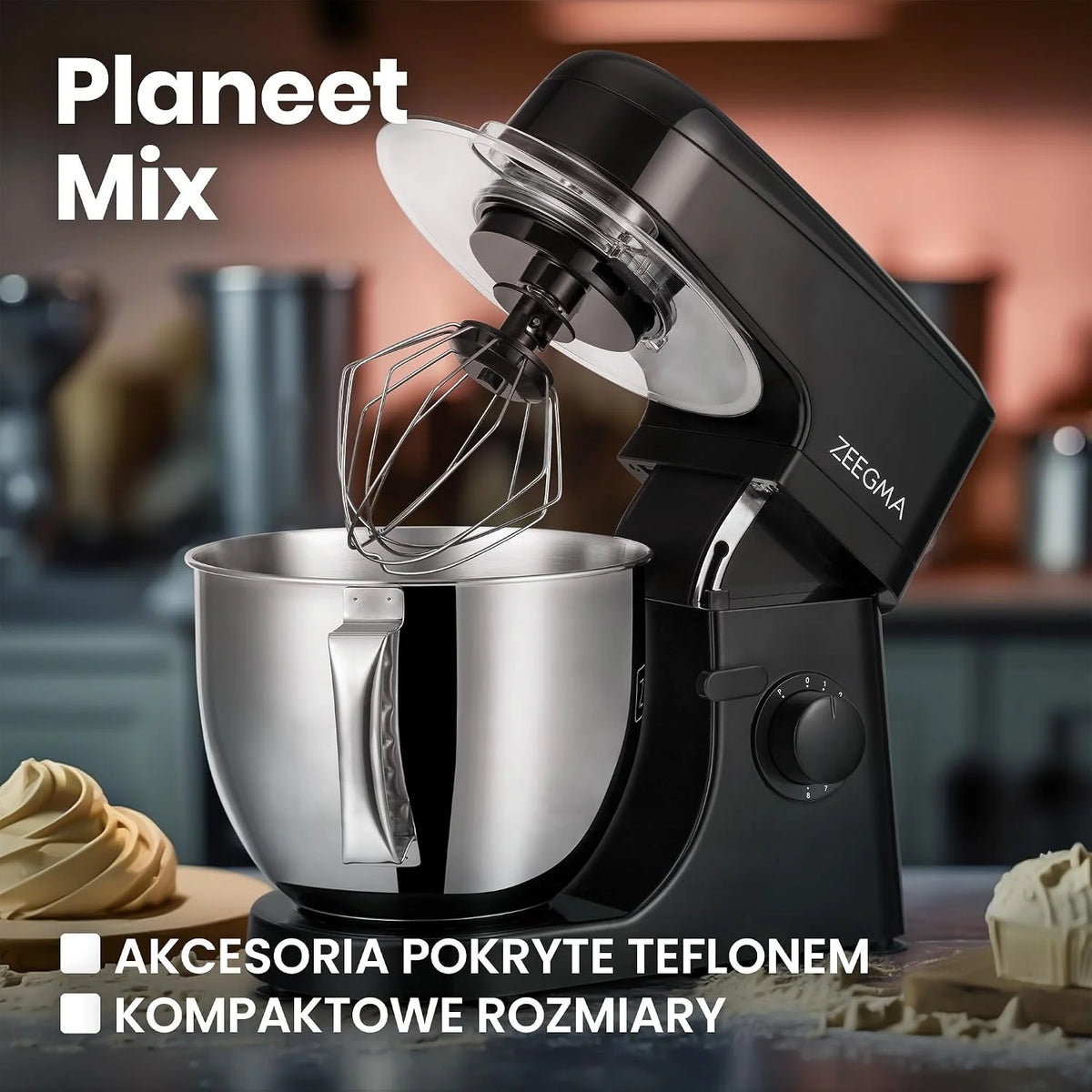 ZEEGMA PLANEET MIX Robot Planetarny 1800 W, Wielofunkcyjny Robot Kuchenny z Misą 5L z Uchwytem i Pokrywką, 8 Prędkości Pracy, 3 Narzędzia Miksujące Panel Dotykowy (Srebrny)