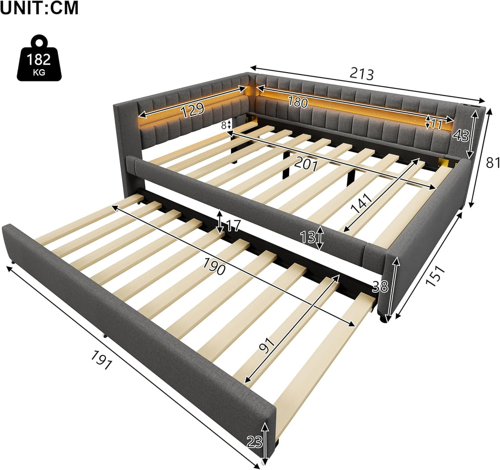 Cama tapizada con sofá cama 140x200 con iluminación LED y función de carga USB tipo C, estructura de cama con cama extraíble y somier, cama doble, diván, cama de día, cama de invitados, cama juvenil, lino, sin colchón, gris