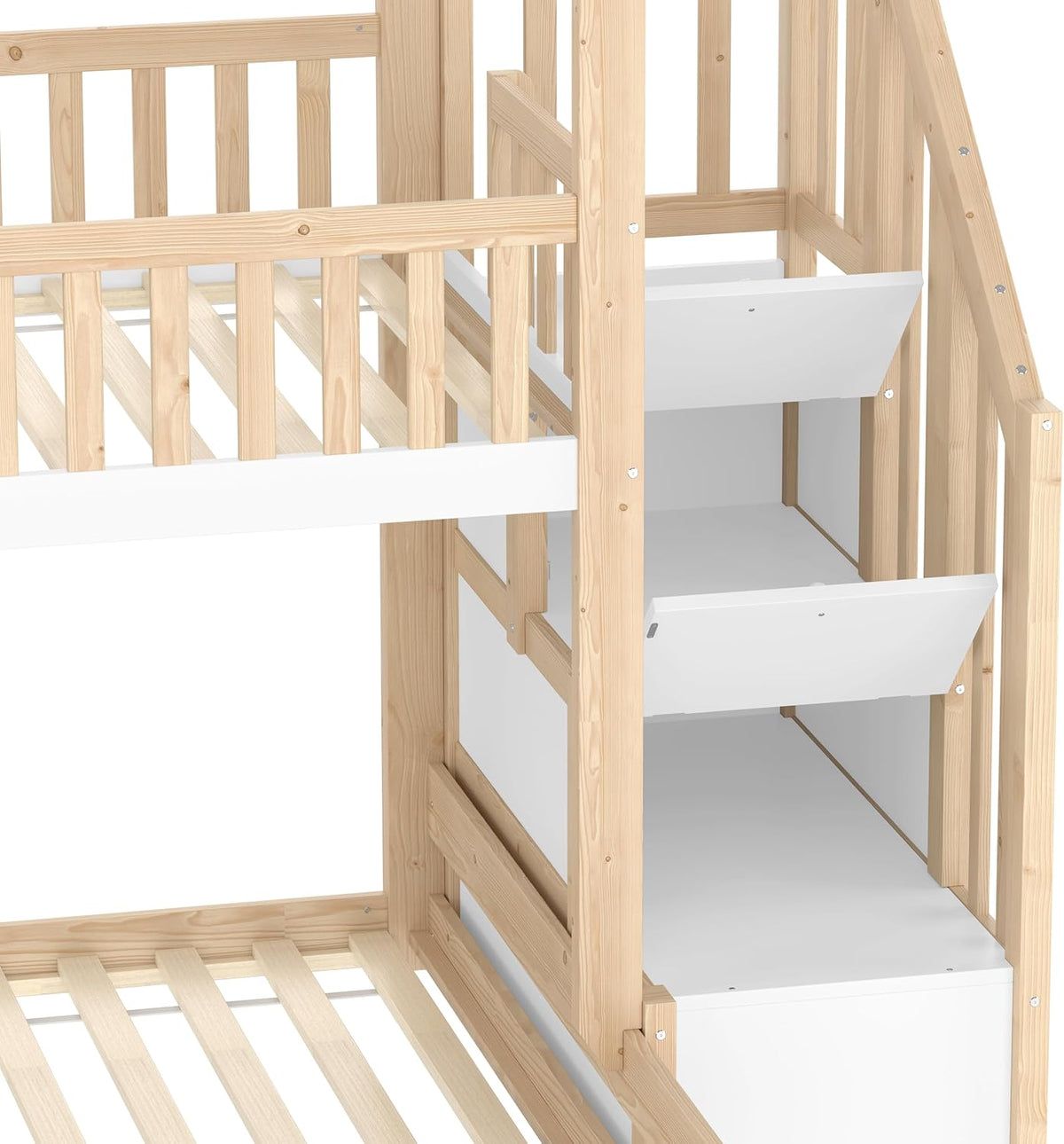 Litera infantil Merax para 2 niños, 90x200 y 140x200 cm, cama alta tipo casita con techo, ventana y barandilla, escalera con 2 compartimentos de almacenamiento, cama con somier y protección anticaídas, sin colchón, blanco y natural