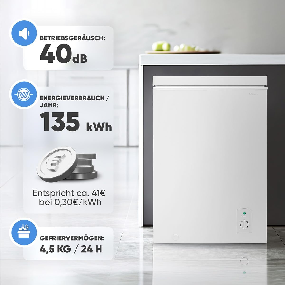 Bomann, arcón congelador de 100 l, color blanco GT7355 – 4 estrellas, temperatura ≤ -18 °C, capacidad de congelación 4,5 kg/24 h, piloto de control, ajuste de temperatura, extraíble, ruedas, ideal para la familia
