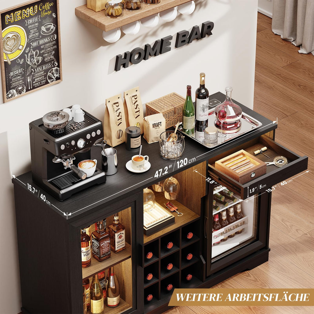 Mueble bar con refrigerador WR003B 120 x 40 x 78 cm iluminación LED 9 botelleros sensor de movimiento