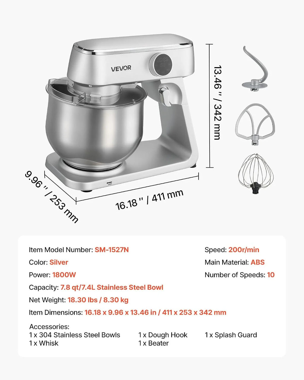 VEVOR Mikser stojący, 1800 W, miska ze stali nierdzewnej, 7,4 l, hak do ugniatania, trzepaczka, 10 prędkości, regulowany nachylenie, 411 x 253 x 342 mm, do mieszania śmietany, warzyw i ciasta