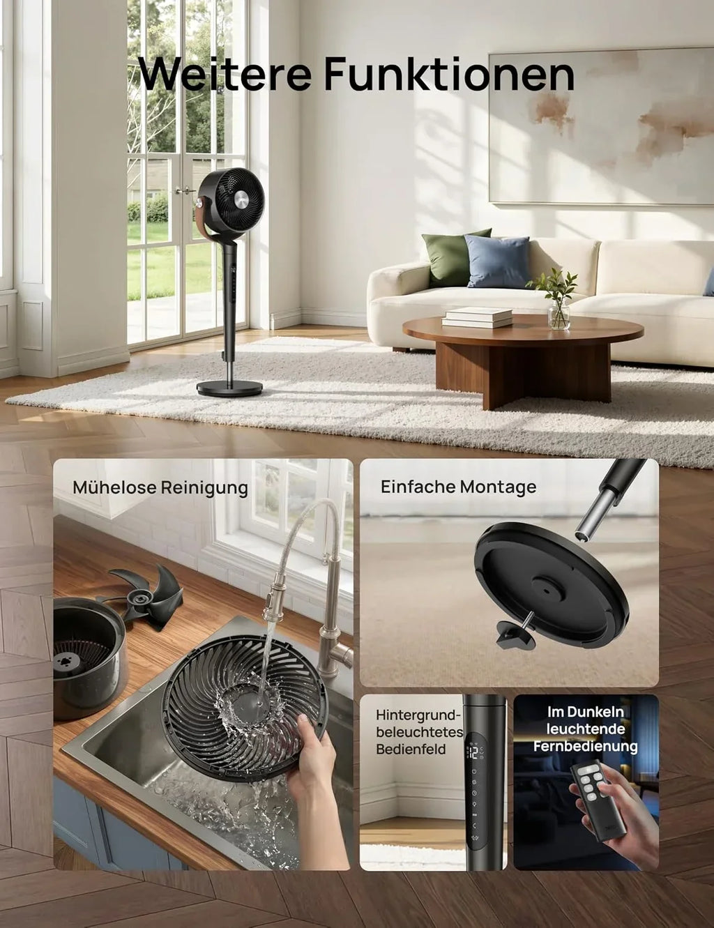 Ventilador de pie inteligente DR-HAF003S con Wi-Fi, luz LED RGB, oscilación de 150°, 12 velocidades y flujo de aire de 2209 m³/h