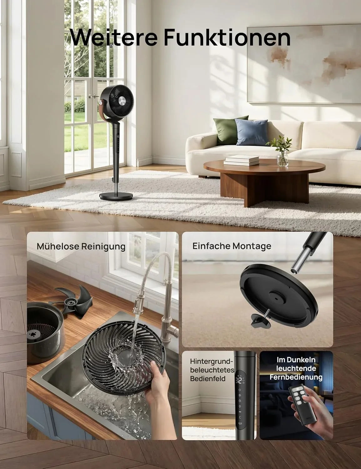 Ventilador de pie inteligente DR-HAF003S con Wi-Fi, luz LED RGB, oscilación de 150°, 12 velocidades y flujo de aire de 2209 m³/h