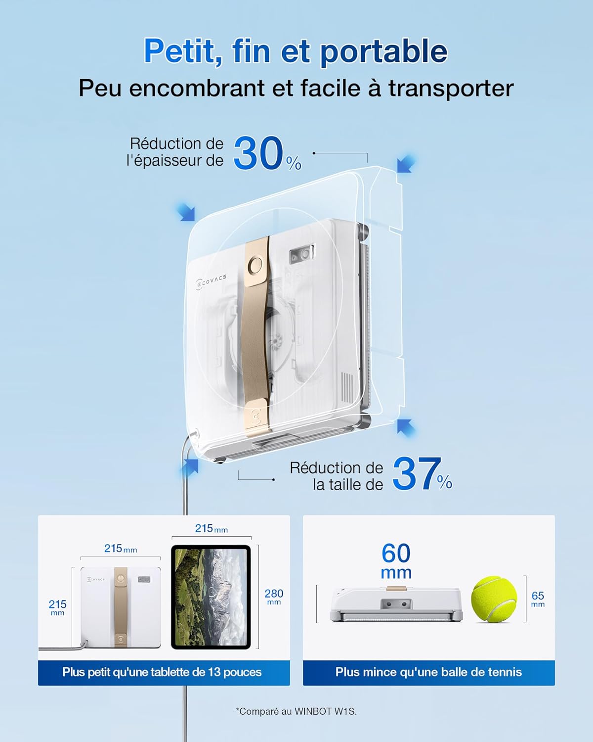 Robot limpiacristales ECOVACS WINBOT Mini, diseño compacto, boquillas dobles con pulverización ultrasónica, sistema de protección de 9 etapas, planificación inteligente de la trayectoria, blanco