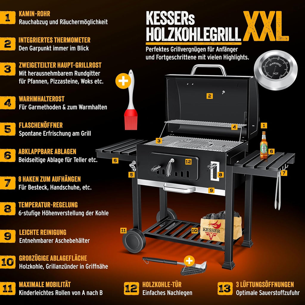 KESSER® Barbacoa de carbón XXL, carro de barbacoa con tapa y termómetro – gran carro de barbacoa de carbón, ahumador con chimenea y ventilación, con rejilla de cocción, rejilla de calentamiento y estante, incluye funda, cepillo y brocha