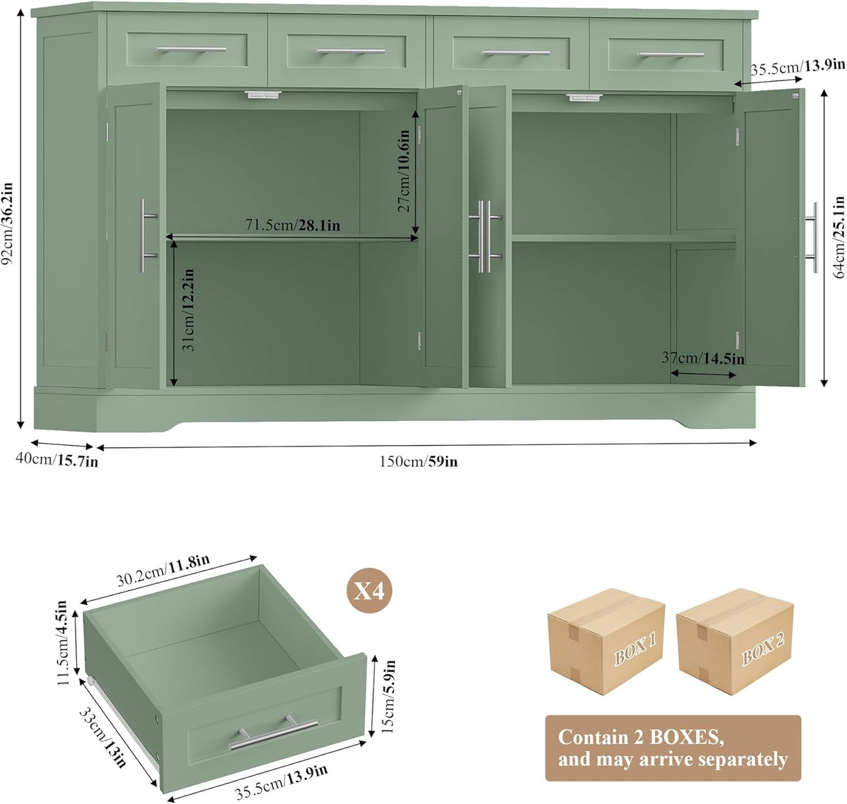 Aparador HOCSOK, armario de cocina de 150 cm de ancho con encimera, cómoda de cocina con 4 puertas y 4 cajones, aparador de cocina, mueble buffet con tiradores para salón, cocina y comedor