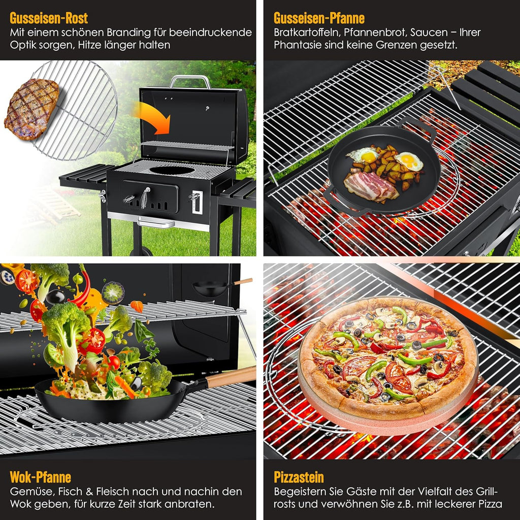 KESSER® Barbacoa de carbón XXL, carro de barbacoa con tapa y termómetro – gran carro de barbacoa de carbón, ahumador con chimenea y ventilación, con rejilla de cocción, rejilla de calentamiento y estante, incluye funda, cepillo y brocha
