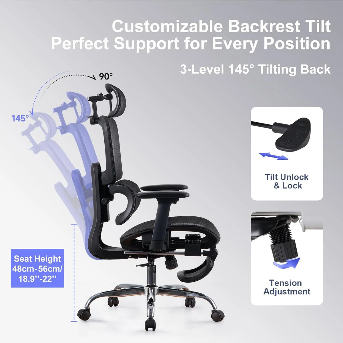 LarkLeaves Ergonomiczny Fotel Biurowy z Podnóżkiem Czarny L10 Lite