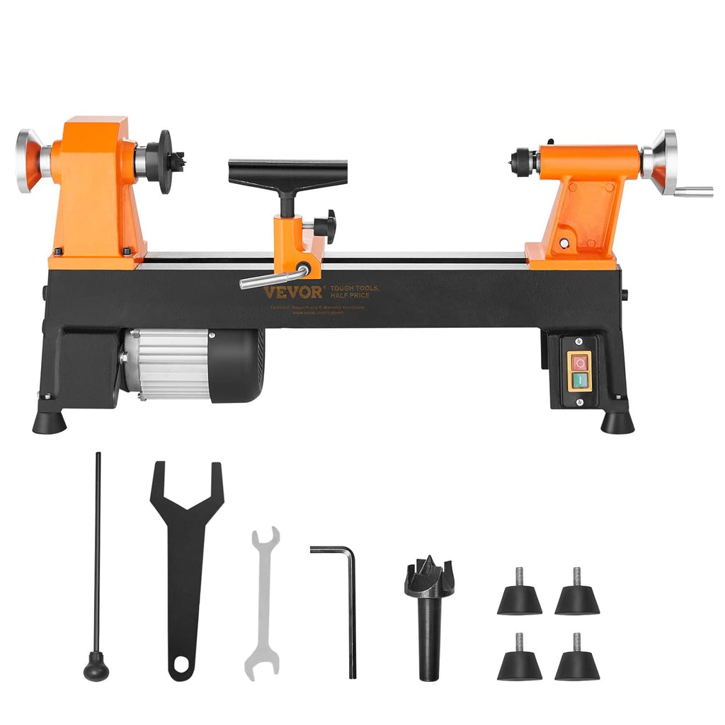 VEVOR Tour à Bois Établi 254x455 mm Tour à Bois Électrique 370 W 0,5 CV 5 Vitesses Réglables 680/1100/1600/2200/3200 tr/min Tige Injection Clés Plaque Patins Outil Rotatif Travail pour Bois Bricolage