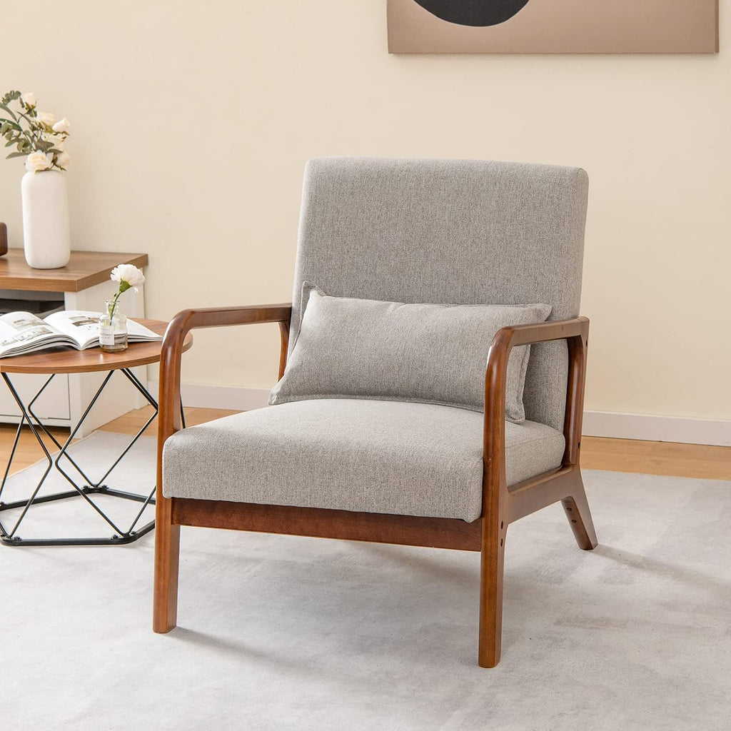 COSTWAY Fotel do salonu, tapicerowany, nowoczesne krzesło, drewno, z podłokietnikami, jednoosobowa sofa do salonu, sypialni, 65 x 79 x 77 cm, szary
