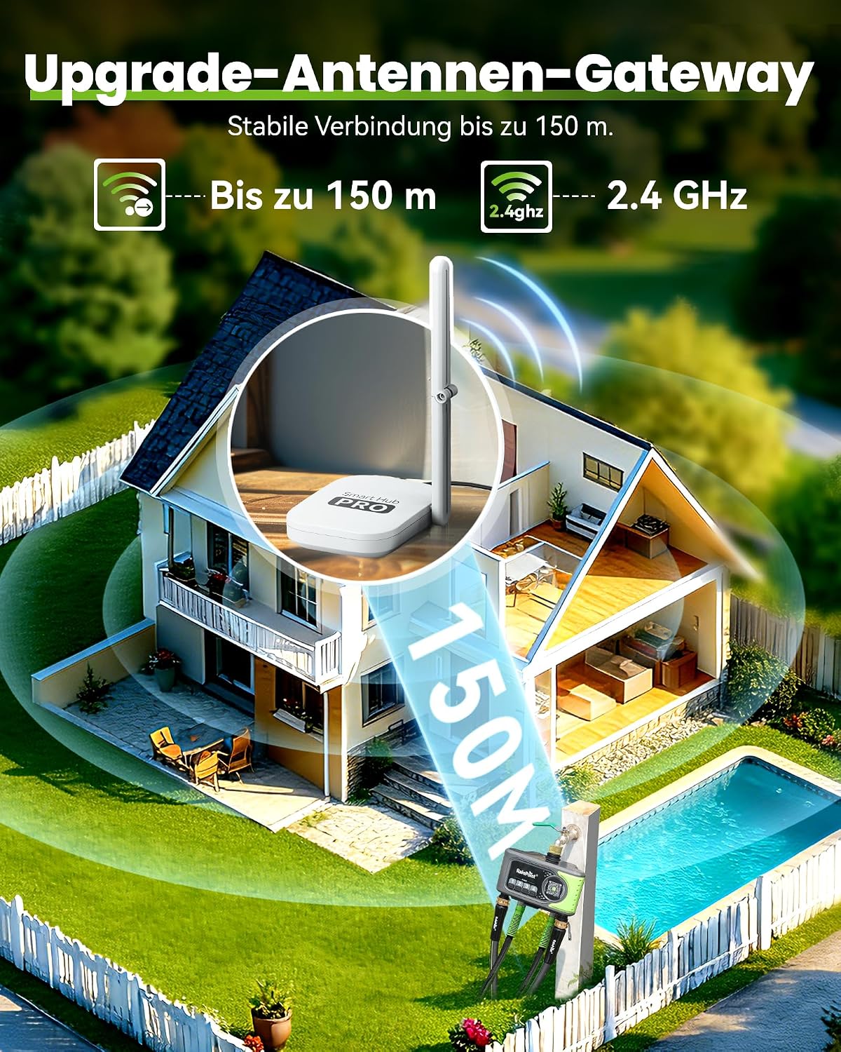 Programador de riego WiFi RAINPOINT de 4 salidas, entrada y salida de latón, temporizador de riego de 4 zonas con control basado en el clima y el suelo, control por aplicación y voz para jardín y césped