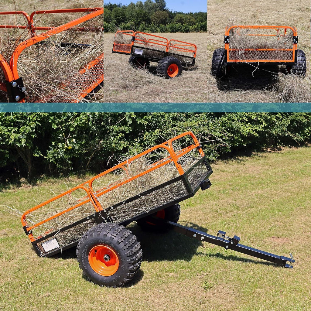 Remolque basculante Wiltec de hasta 680 kg para tractor cortacésped, remolque volquete de 216 x 122 x 76,2 cm con rejilla y paredes laterales extraíbles, remolque con función de vuelco