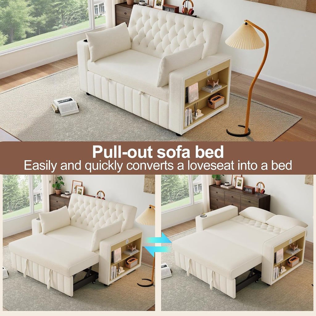 Sofá cama multifuncional 3 en 1 Merax con almacenamiento, USB y portavasos – Sofá cama de 2 plazas moderno y extensible para salón y habitación de invitados