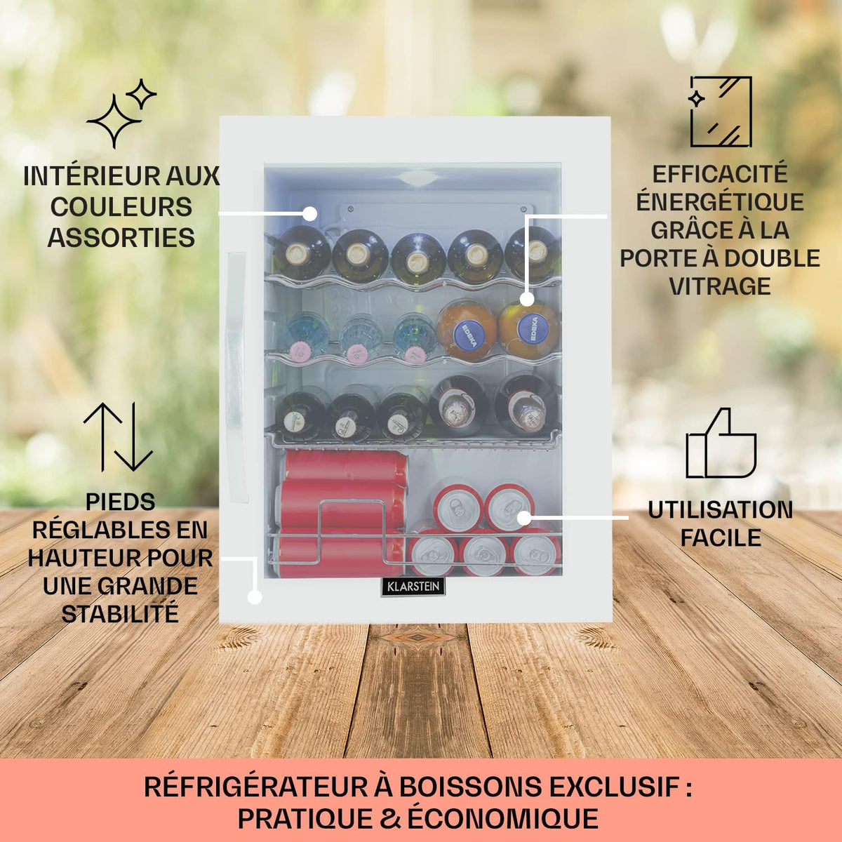 KLARSTEIN Mini nevera para dormitorio y oficina, nevera pequeña silenciosa, mini bar refrigerador de 60 L, frigorífico pequeño para camping, estantes ajustables, ondulados para vino, latas, nevera para cerveza