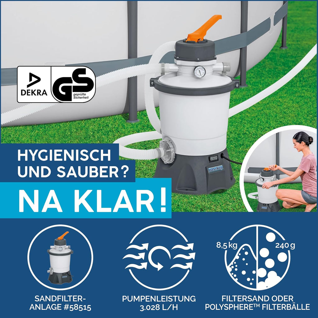 Set completo de piscina Bestway Power Steel Frame con sistema de filtro de arena, 488 x 244 x 122 cm, gris, rectangular