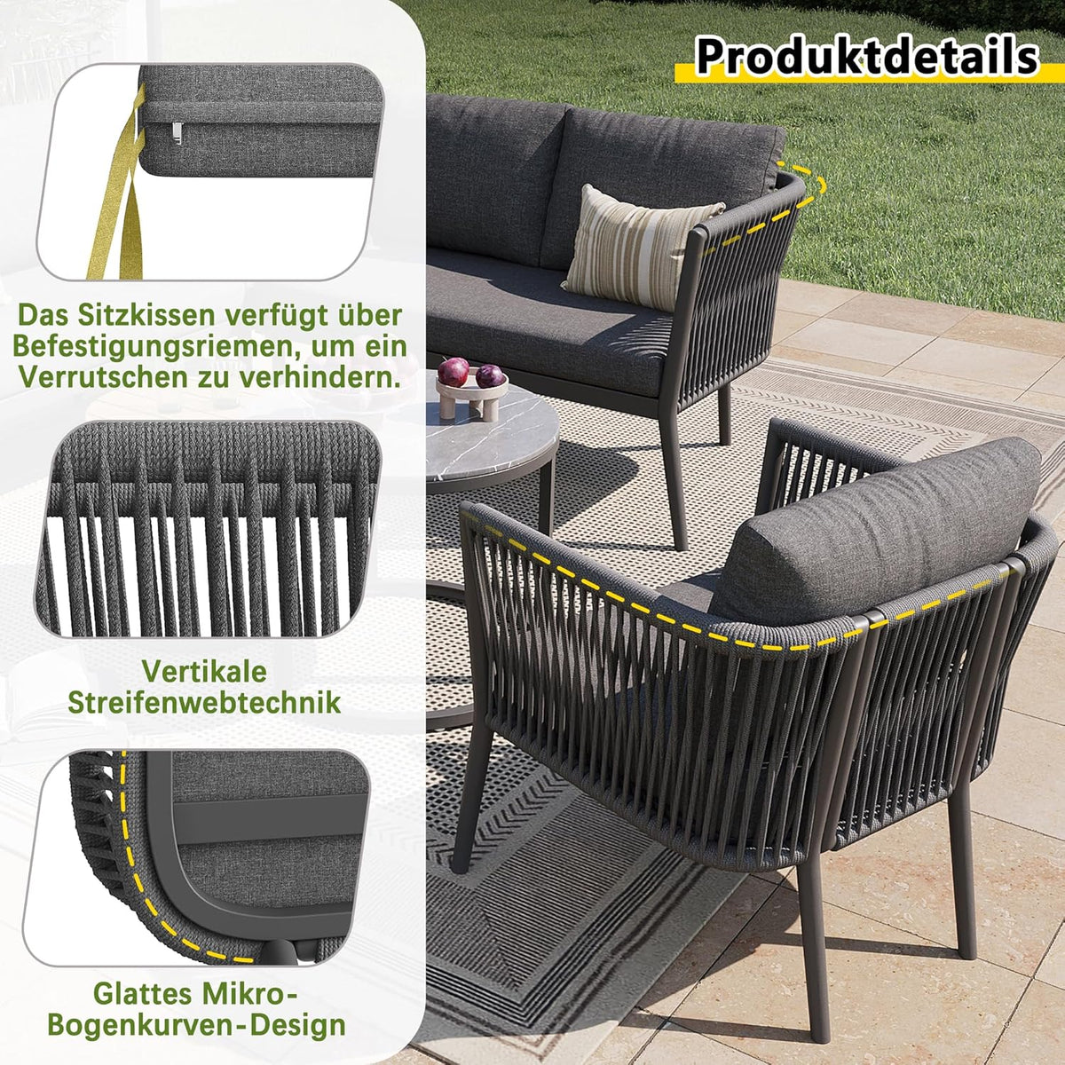 Conjunto de jardín Merax para 5-6 personas, set de muebles de jardín de ratán PE, grupo de asientos para balcón, sofá modular para exterior con mesa y set de cojines, grupo de asientos resistente a la intemperie para terraza, balcón y jardín, gris